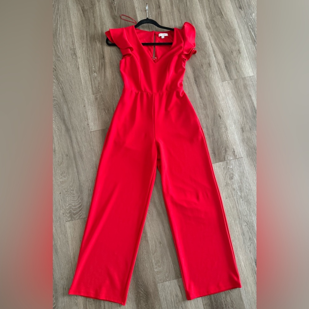 Francesca’s Red Ruffle Sleeve Wide Leg Jumpsuit Size S Elegant V-Neck